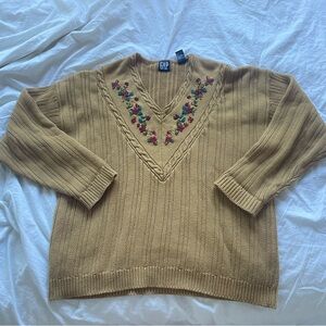 Vintage Gap Mustard Yellow Floral Embroidered Knit Sweater